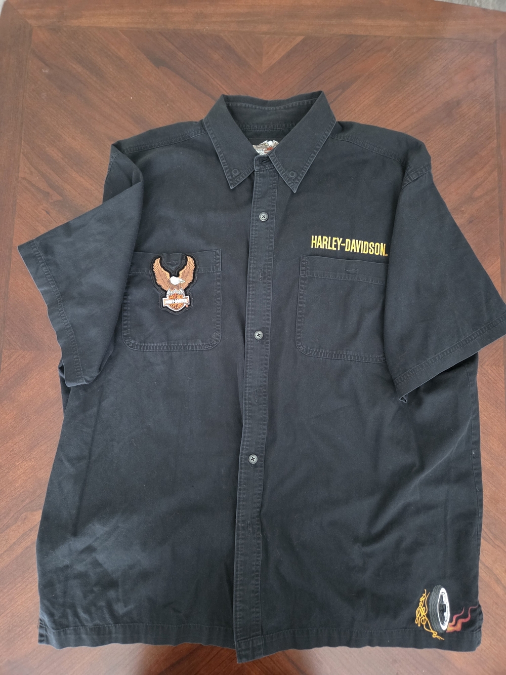 Harley-Davidson Black Short Sleeve Button-Down Shirt with Embroidered Patches XL